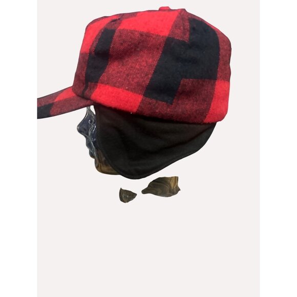 Red & Black Buffalo Plaid Wool Cap With Ear Flaps Quilted Lining Size L Made In - Picture 2 of 7